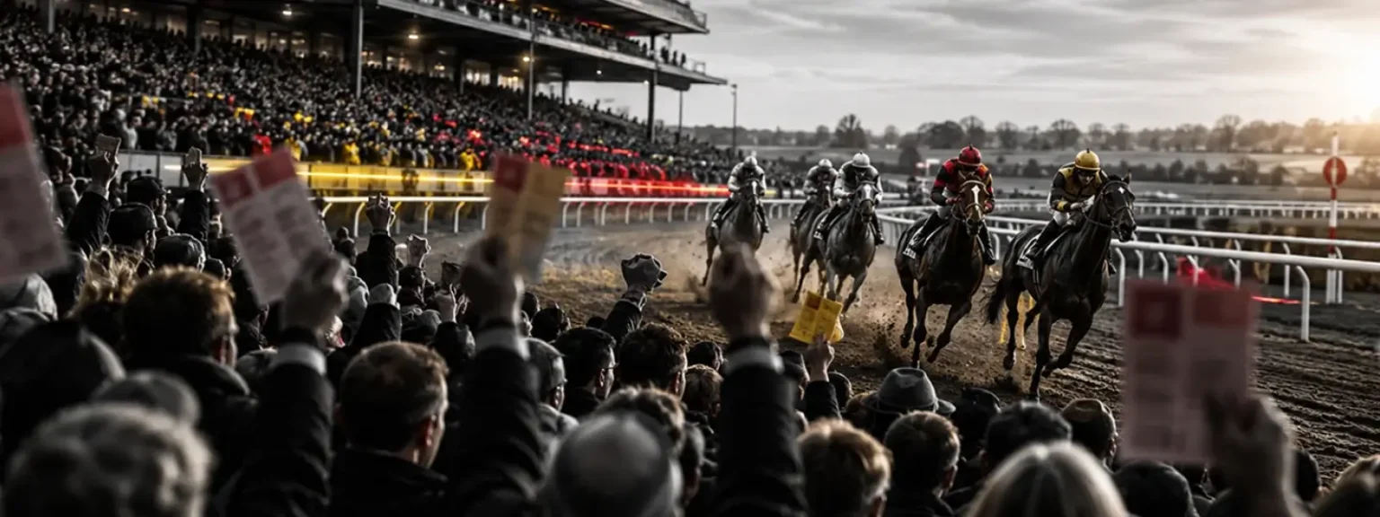 Crowd and grandstand at the Cheltenham Festival horse racing event